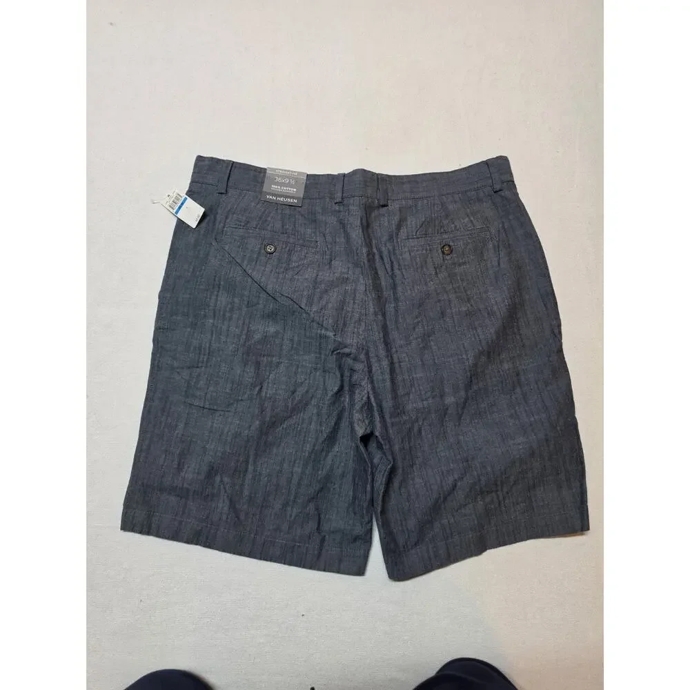 Van Heusen Men’s Shorts Size 36 Blue Chambray Straight Fit Flat Front NWT